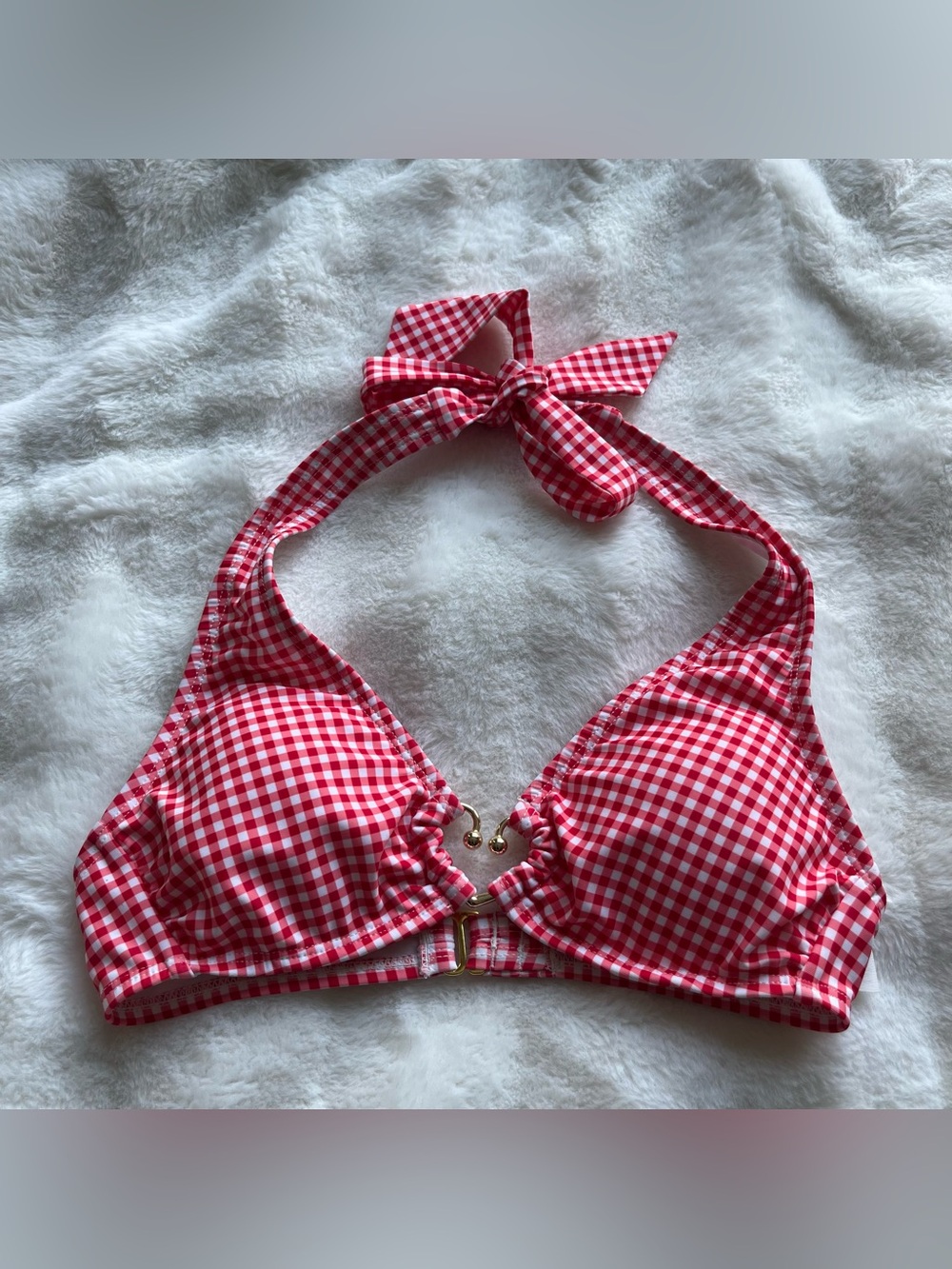 Red Gingham Halter Bikini Top Gold Heart Detail